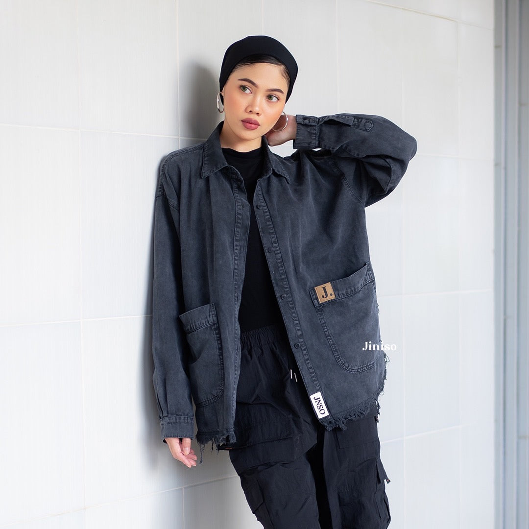 JINISO - Kemeja Denim Raw Pocket Oversize Unisex HYPER ACTIVE