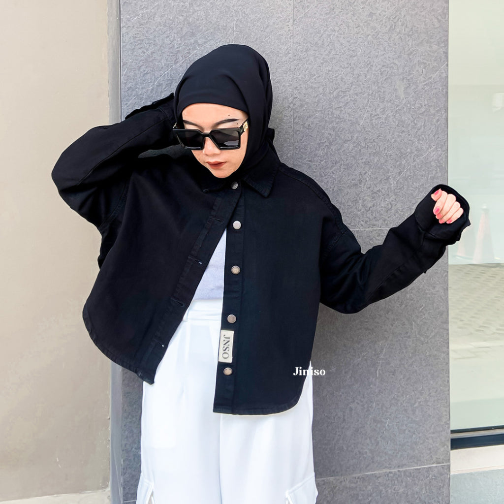 JINISO Jaket Crop Jeans Oversize Belle Basic Black