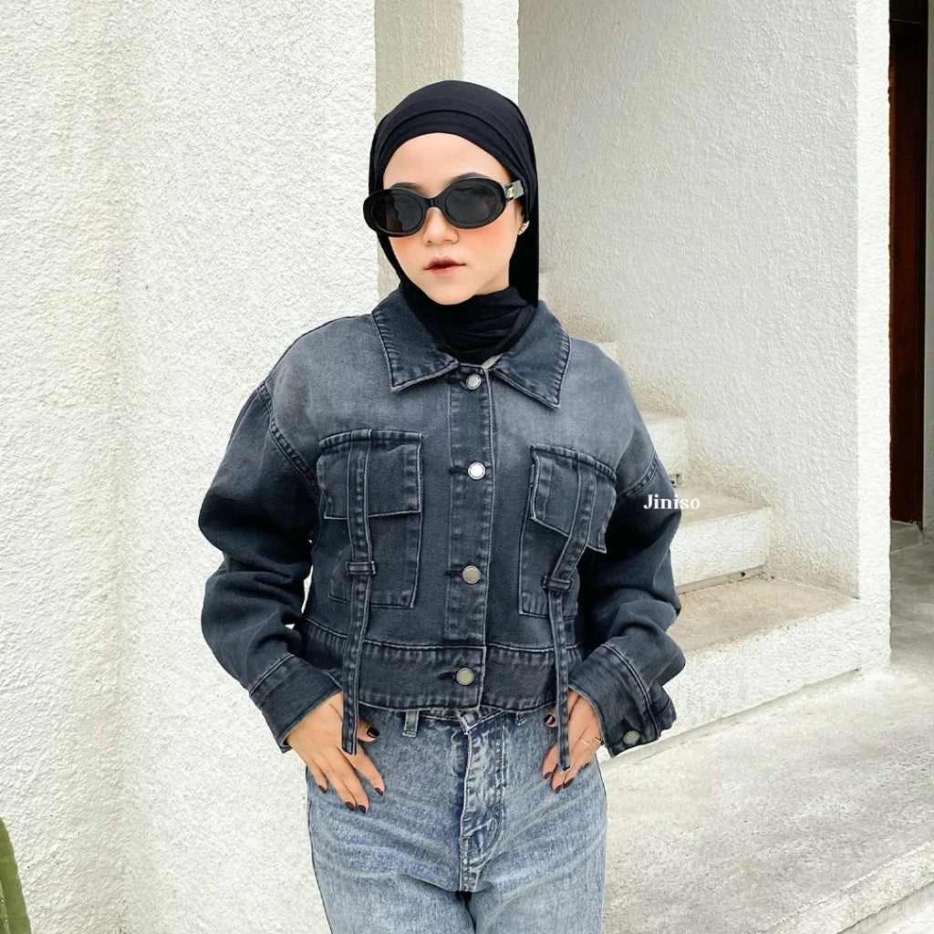 JINISO Jaket Crop Jeans Oversize Boxy Black Spray