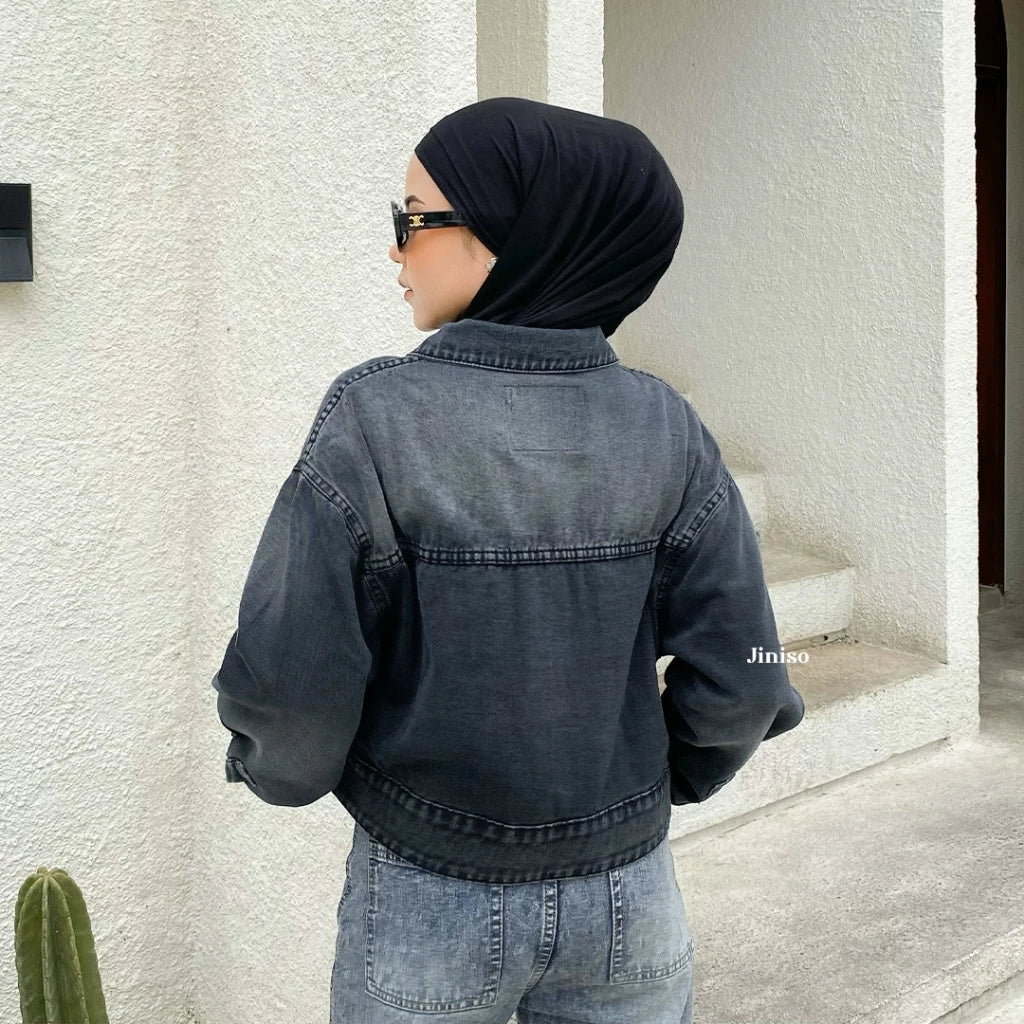 JINISO Jaket Crop Jeans Oversize Boxy Black Spray