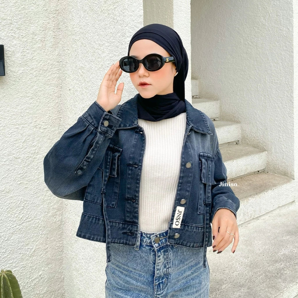 JINISO Jaket Crop Jeans Oversize Boxy Black Spray