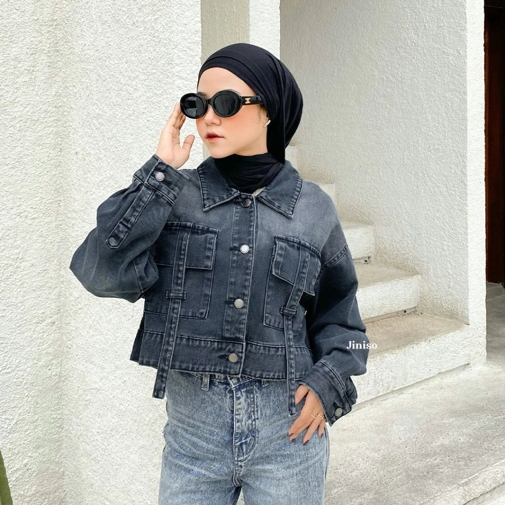 JINISO Jaket Crop Jeans Oversize Boxy Black Spray