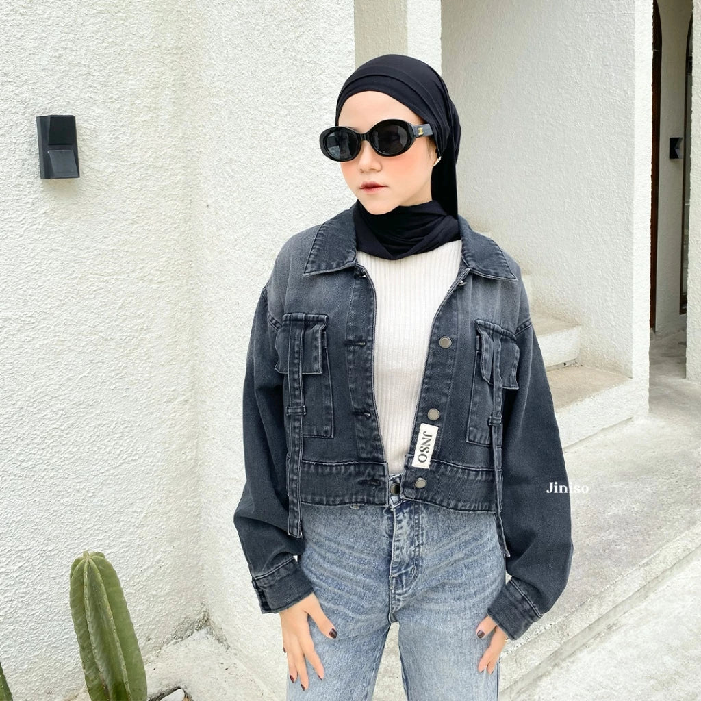 JINISO Jaket Crop Jeans Oversize Boxy Black Spray