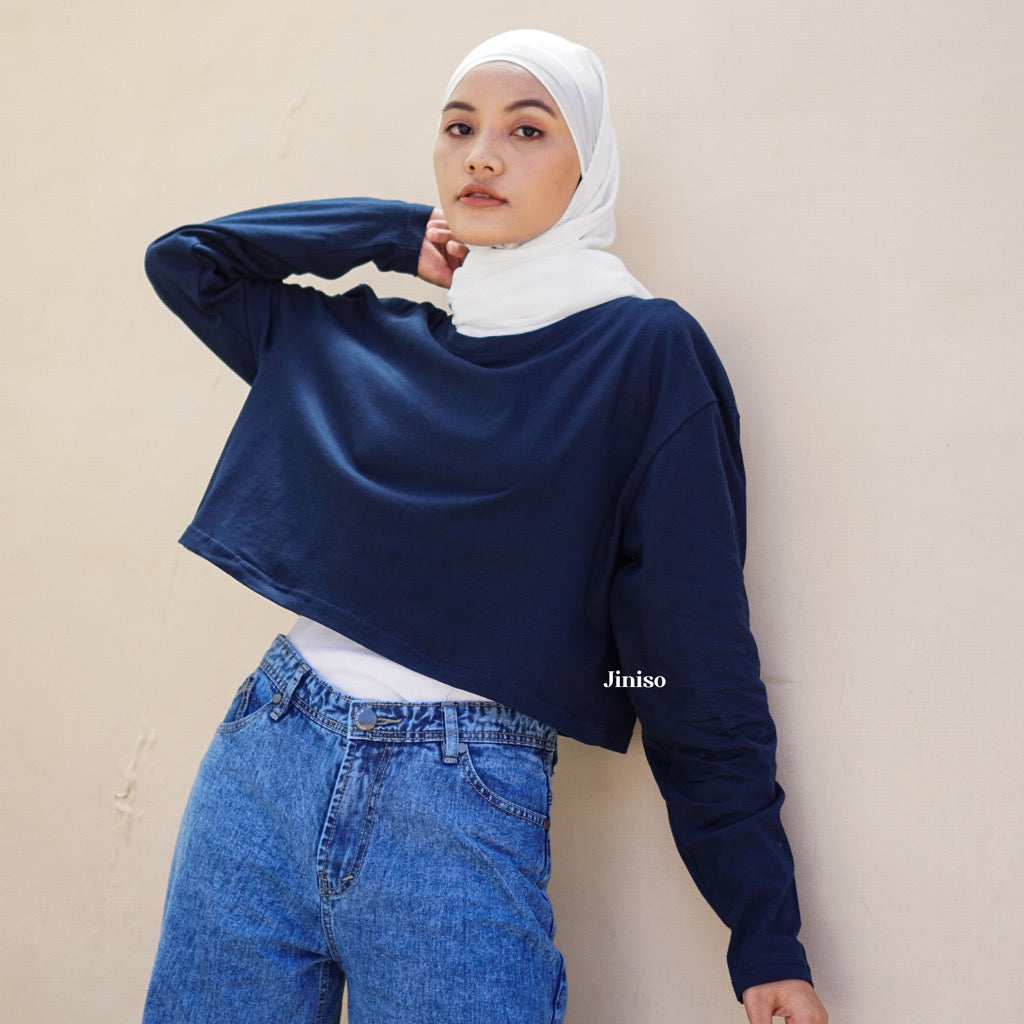 JINISO Kaos Crop Top Oversize Lengan Panjang Polos T-Shirt