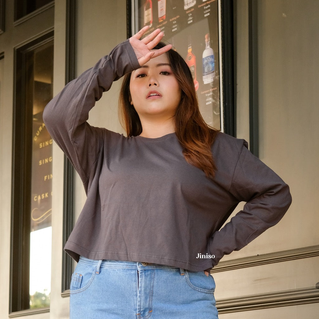 JINISO Kaos Big Size Crop Top Oversize Lengan Panjang Polos T-Shirt