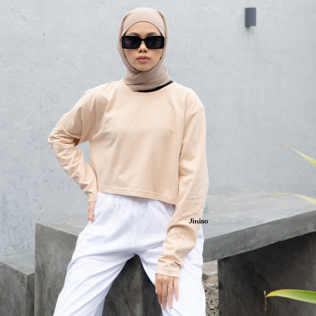 JINISO Kaos Crop Top Oversize Lengan Panjang Polos T-Shirt
