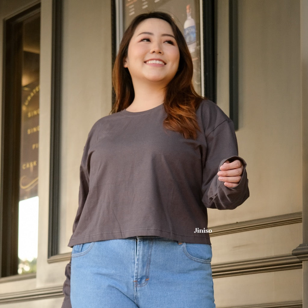 JINISO Kaos Big Size Crop Top Oversize Lengan Panjang Polos T-Shirt