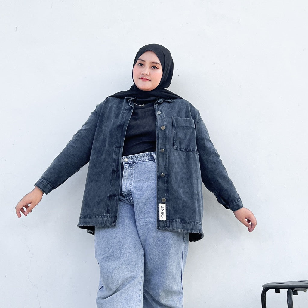 JINISO Big Size Jaket Jeans Oversize Basic Pocket Black Acid