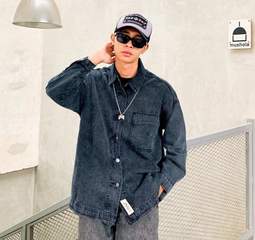 JINISO Pria Jaket Jeans Oversize Basic Pocket Black Acid
