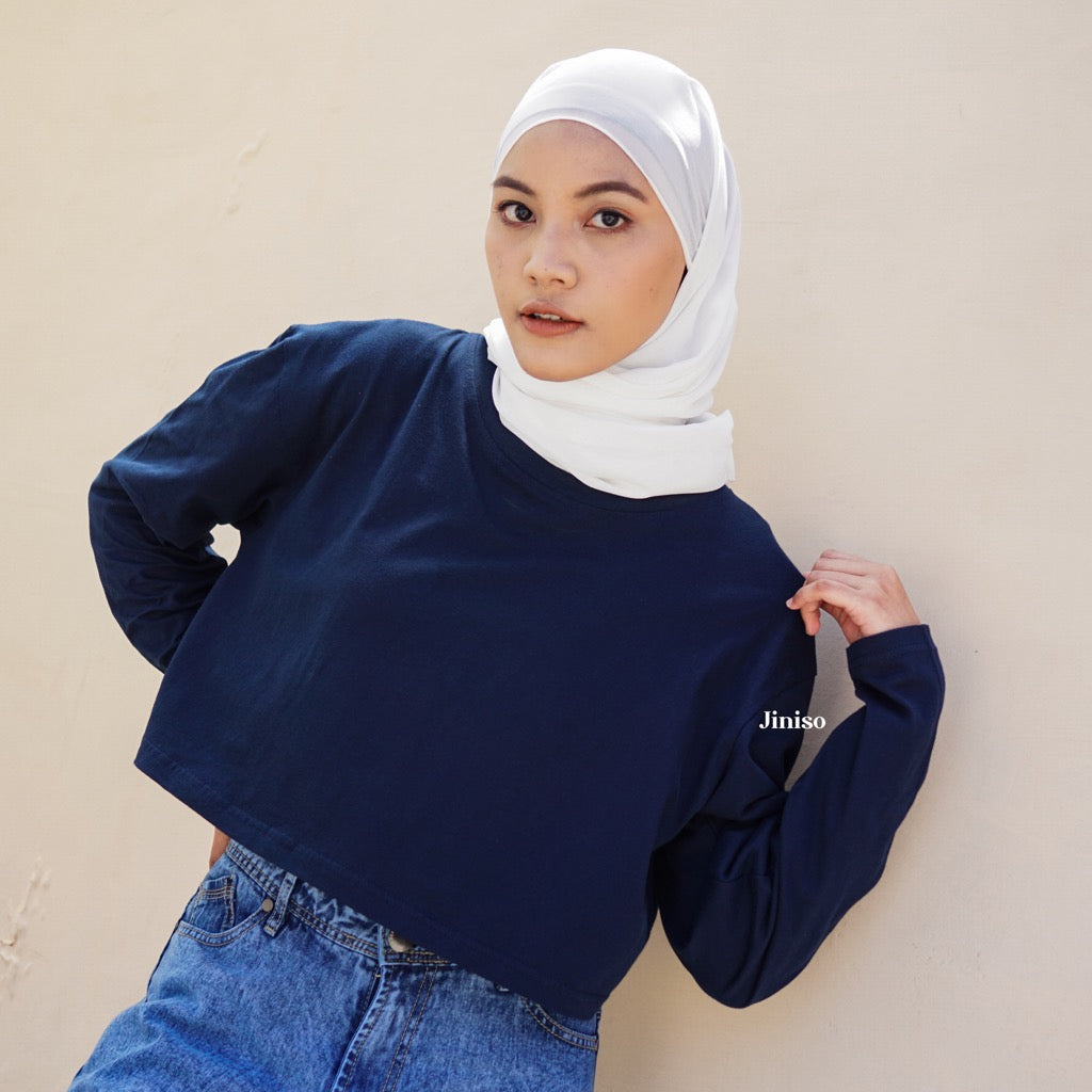 JINISO Kaos Crop Top Oversize Lengan Panjang Polos T-Shirt