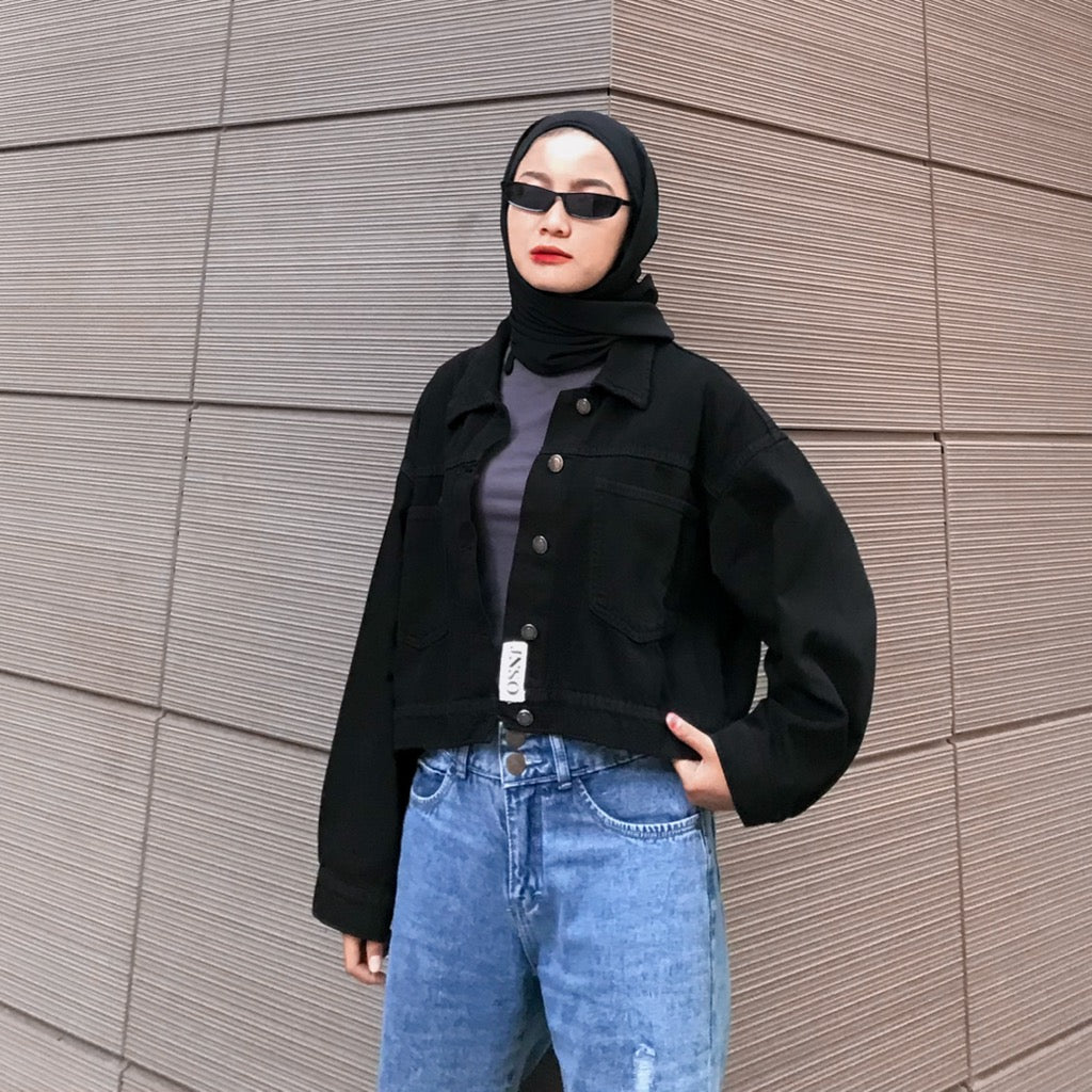 JINISO Jaket Crop Jeans Oversize Cozy Black