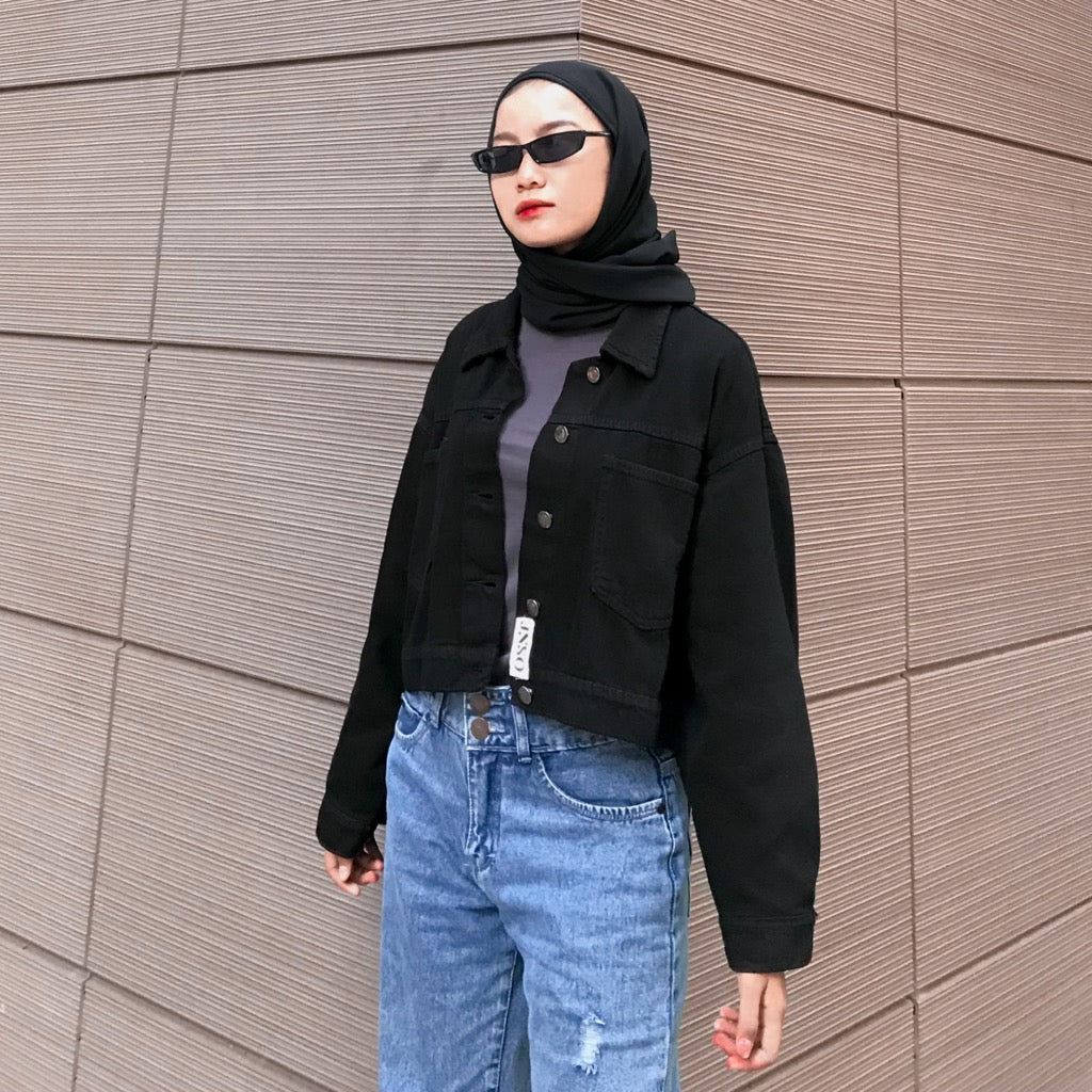 JINISO Jaket Crop Jeans Oversize Cozy Black