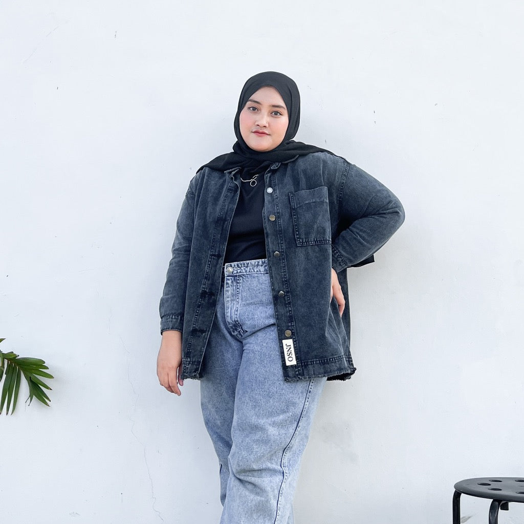 JINISO Big Size Jaket Jeans Oversize Basic Pocket Black Acid