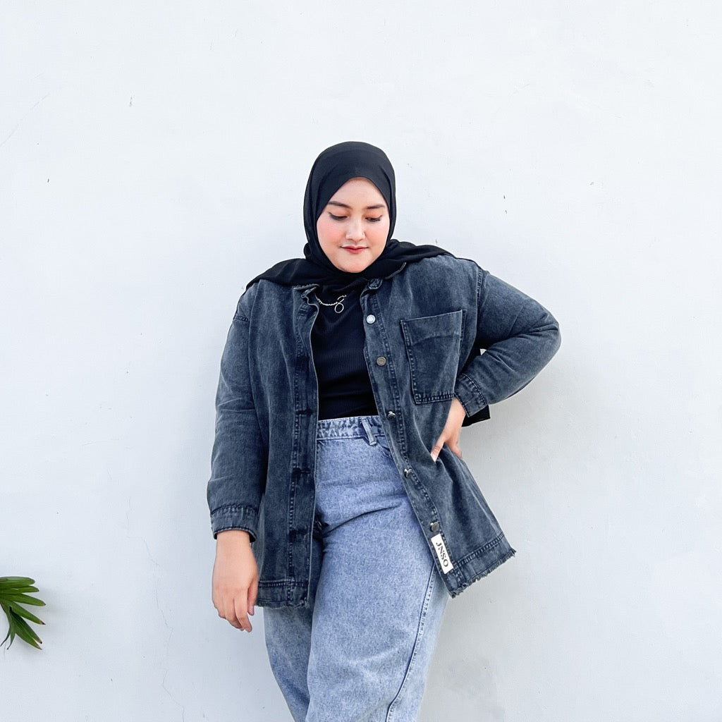 JINISO Big Size Jaket Jeans Oversize Basic Pocket Black Acid