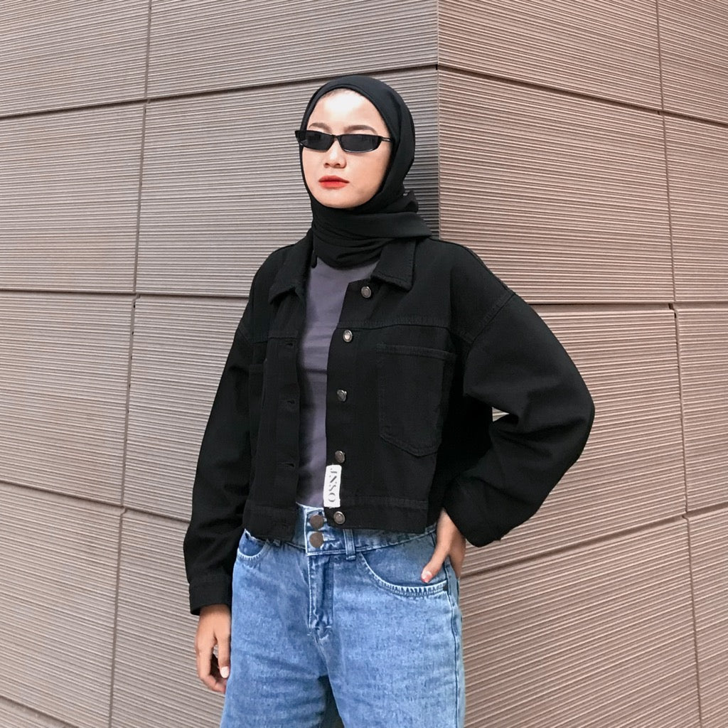 JINISO Jaket Crop Jeans Oversize Cozy Black