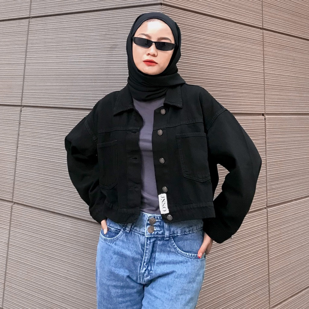 JINISO Jaket Crop Jeans Oversize Cozy Black