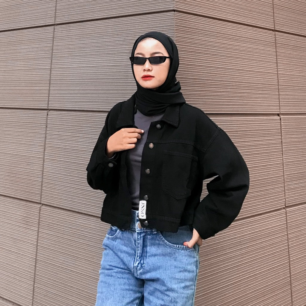 JINISO Jaket Crop Jeans Oversize Cozy Black