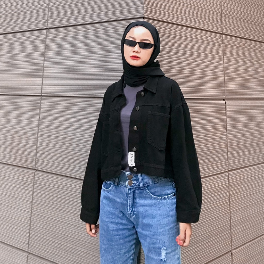 JINISO Jaket Crop Jeans Oversize Cozy Black