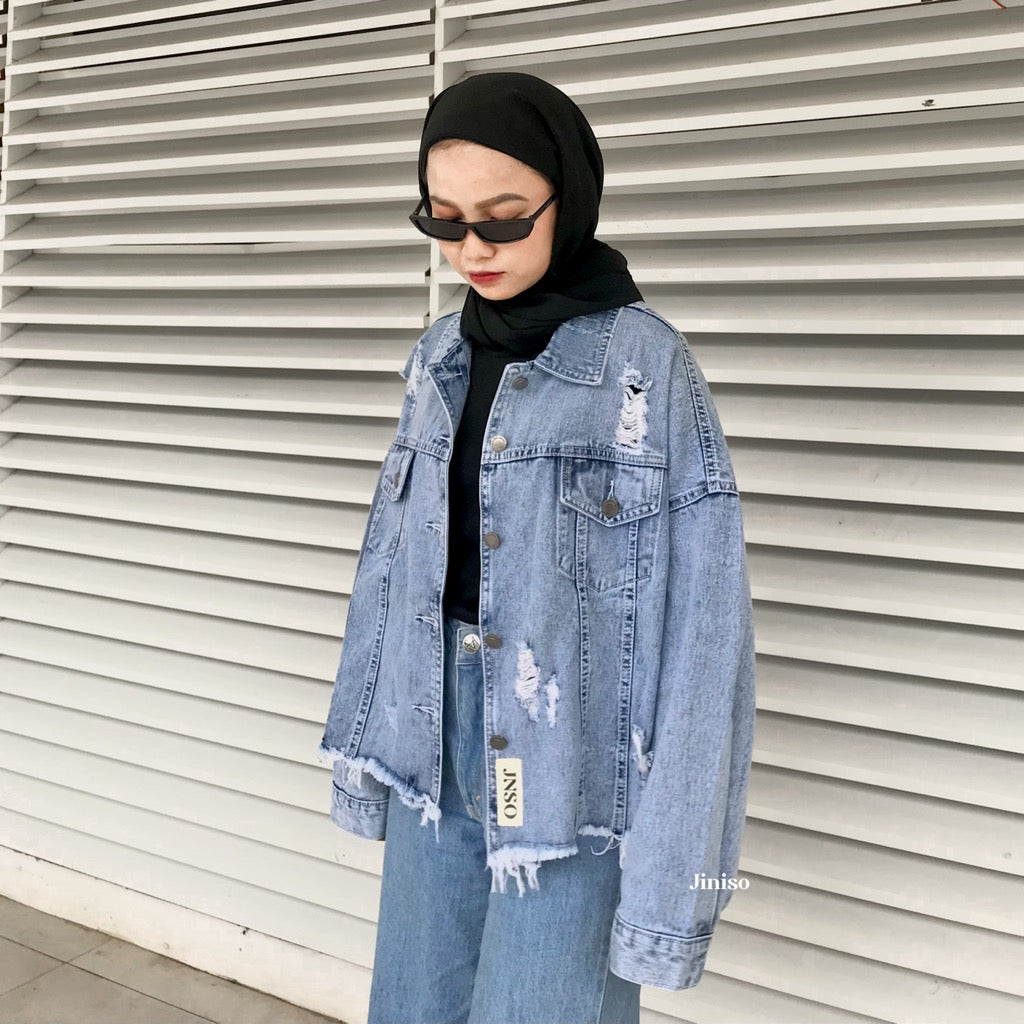 JINISO Ripped Jaket Jeans Oversize Vintage Blue Acid