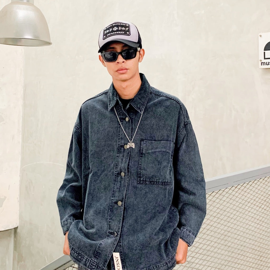 JINISO Pria Jaket Jeans Oversize Basic Pocket Black Acid