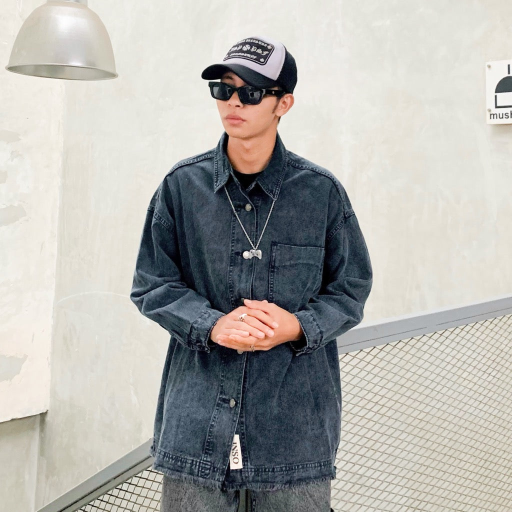 JINISO Pria Jaket Jeans Oversize Basic Pocket Black Acid