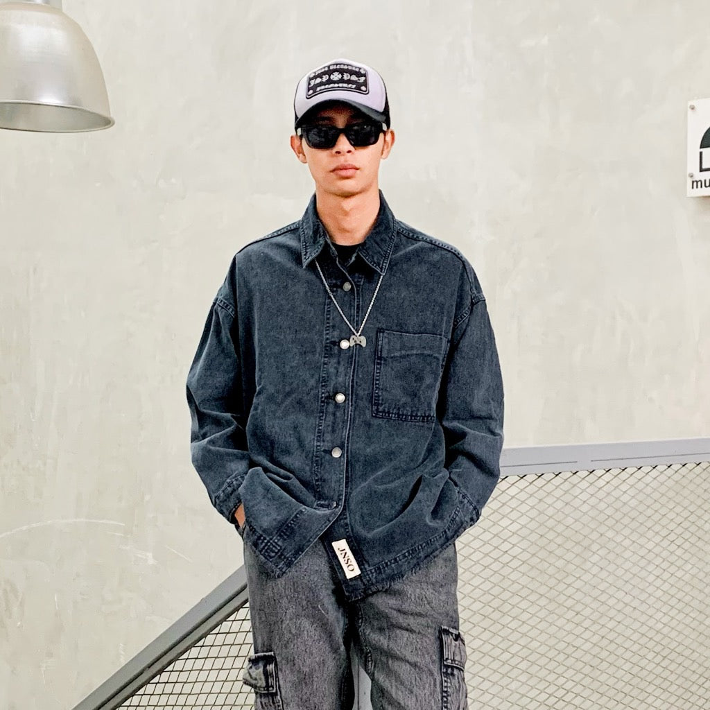 JINISO Pria Jaket Jeans Oversize Basic Pocket Black Acid