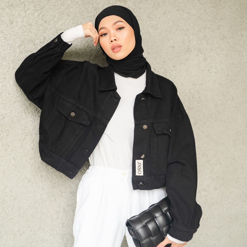 JINISO Jaket Crop Jeans Oversize Urban Black
