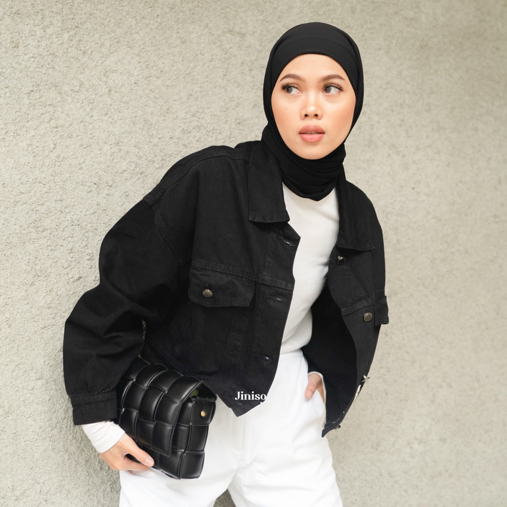 JINISO Jaket Crop Jeans Oversize Urban Black