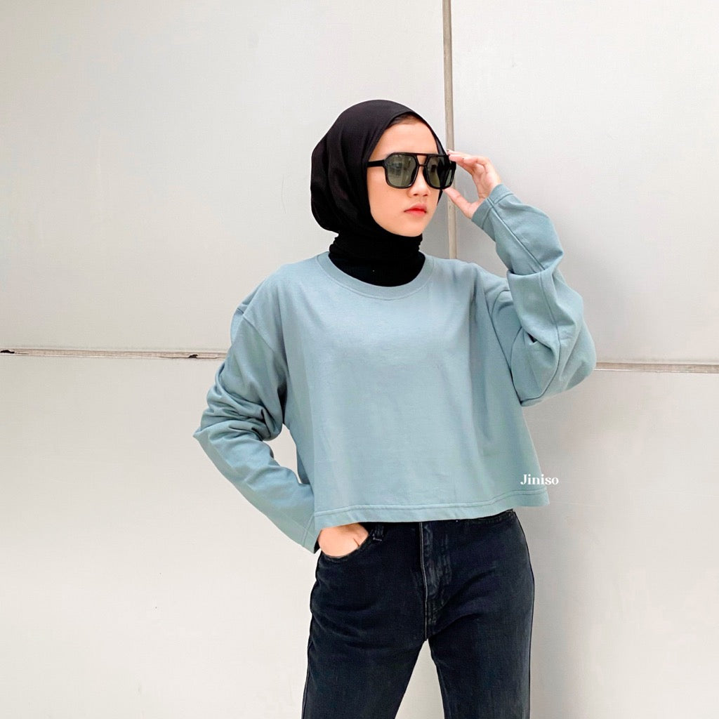 JINISO Kaos Crop Top Oversize Lengan Panjang Polos T-Shirt