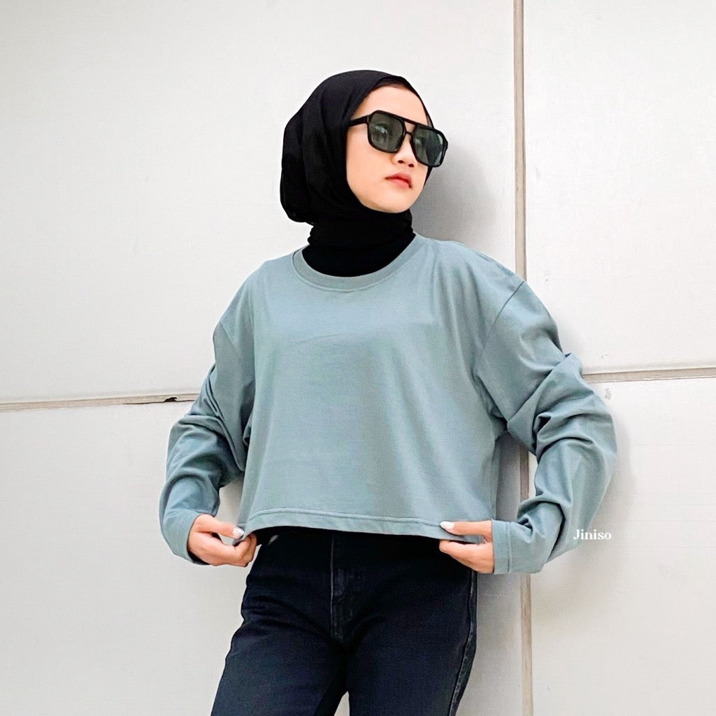 JINISO Kaos Crop Top Oversize Lengan Panjang Polos T-Shirt