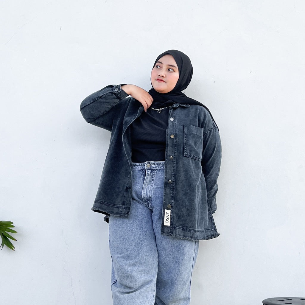 JINISO Big Size Jaket Jeans Oversize Basic Pocket Black Acid