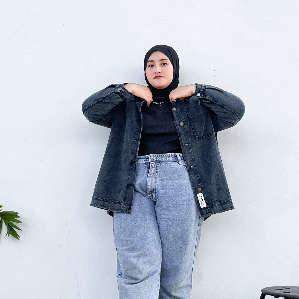 JINISO Big Size Jaket Jeans Oversize Basic Pocket Black Acid