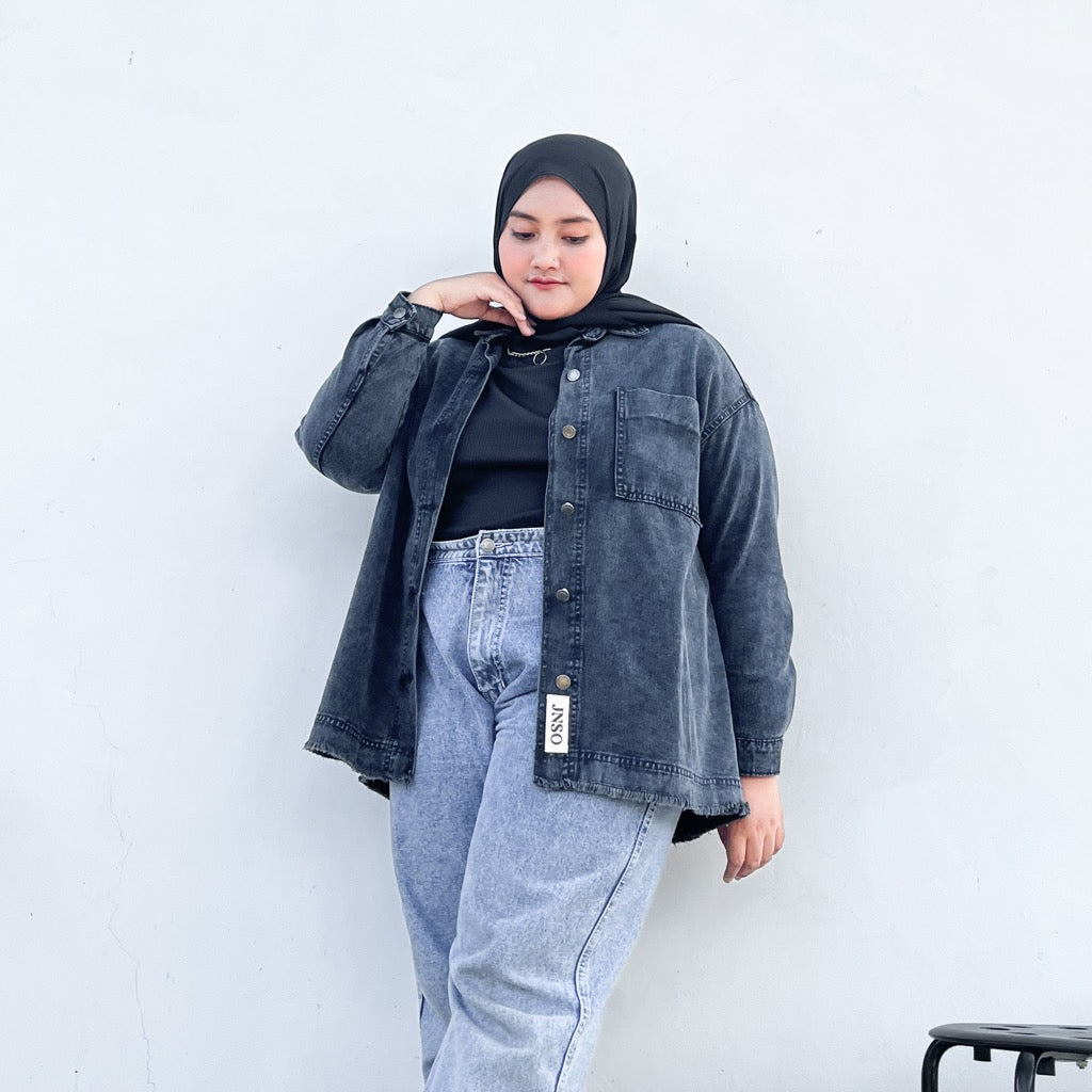 JINISO Big Size Jaket Jeans Oversize Basic Pocket Black Acid