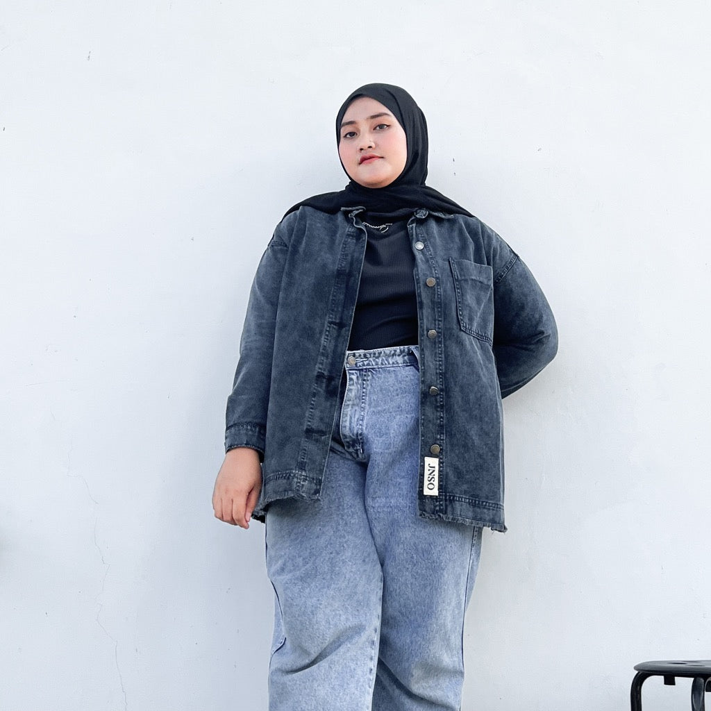 JINISO Big Size Jaket Jeans Oversize Basic Pocket Black Acid