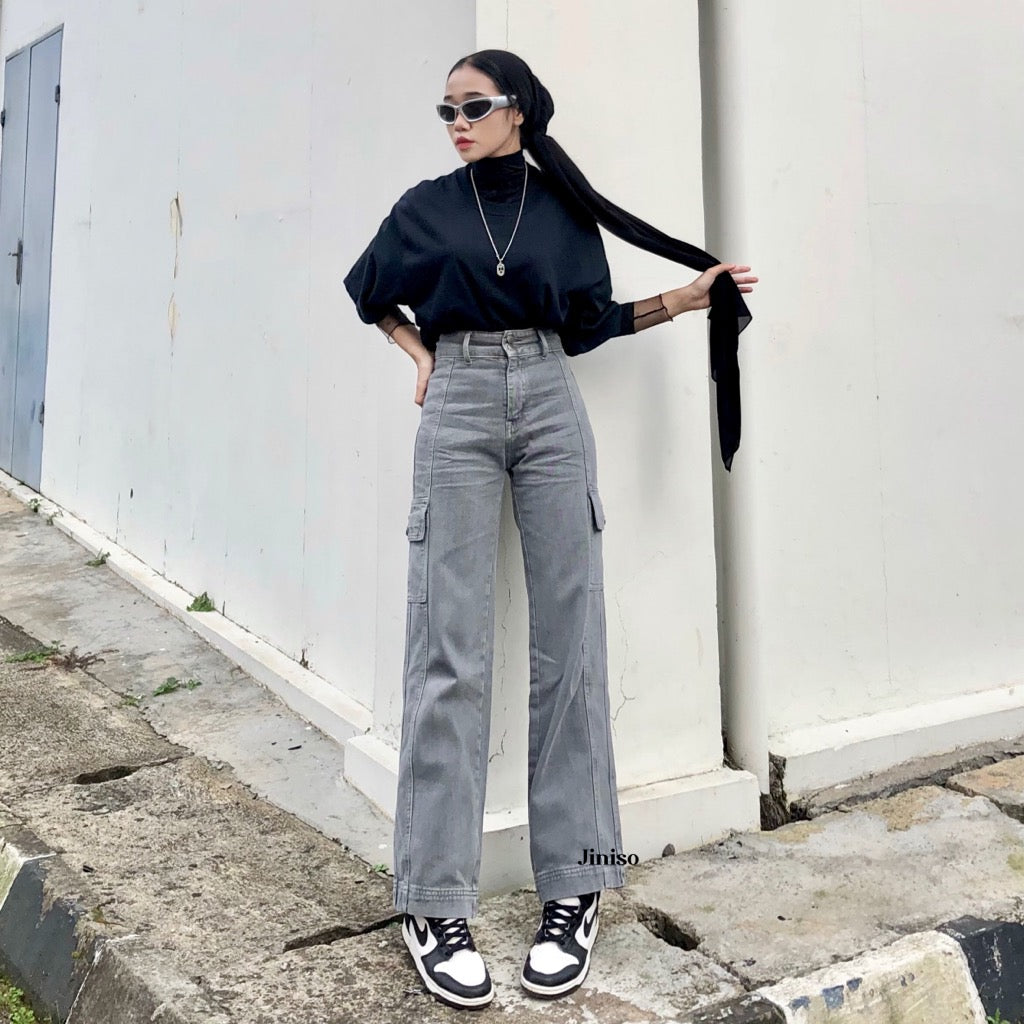 JINISO - Highwaist Cargo Loose Jeans 408 HANDS UP