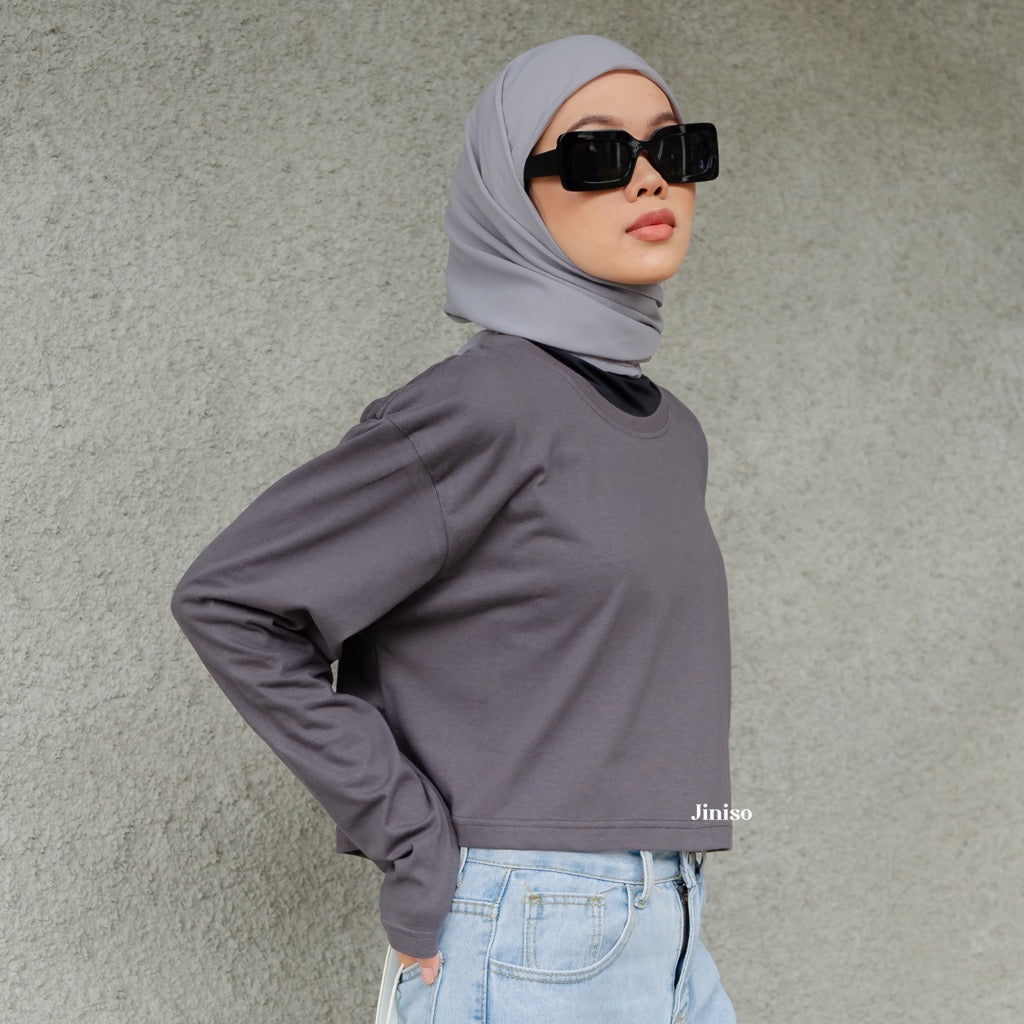 JINISO Kaos Crop Top Oversize Lengan Panjang Polos T-Shirt