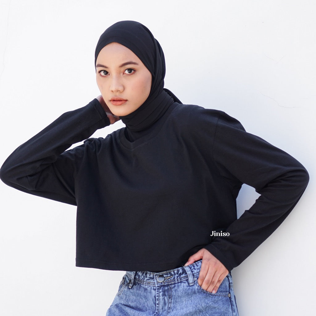 JINISO Kaos Crop Top Oversize Lengan Panjang Polos T-Shirt