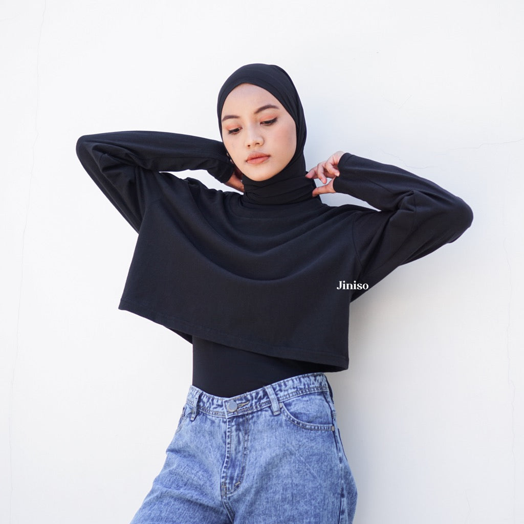 JINISO Kaos Crop Top Oversize Lengan Panjang Polos T-Shirt