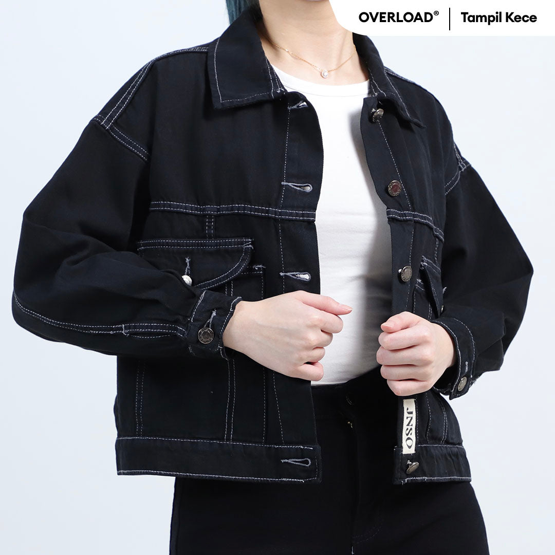 JINISO Jaket Crop Jeans Oversize Vintage Pocket Black Oreo