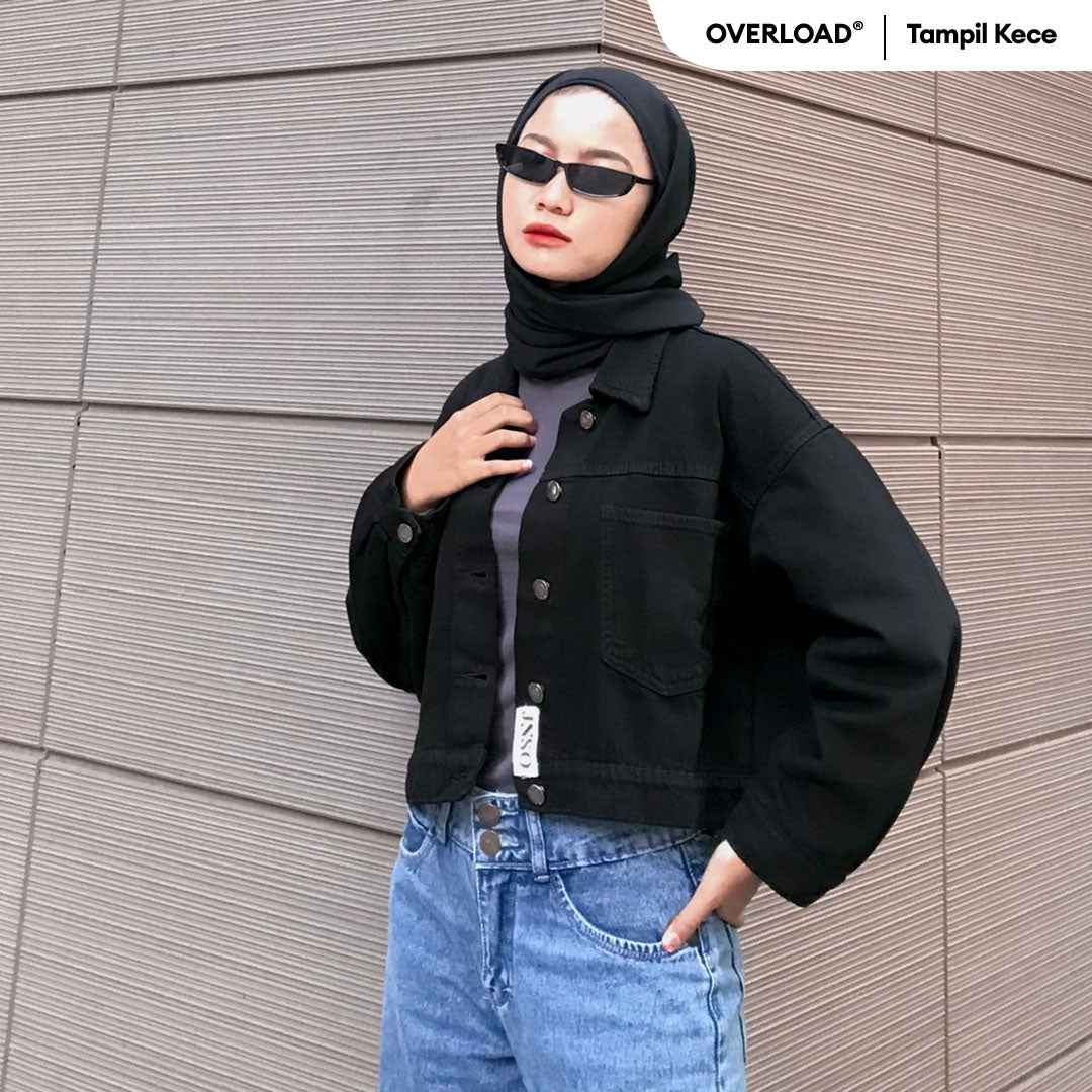 JINISO Jaket Crop Jeans Oversize Cozy Black