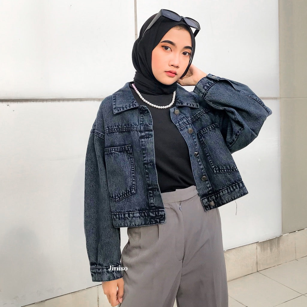 JINISO Jaket Crop Jeans Oversize Pocket Black Acid
