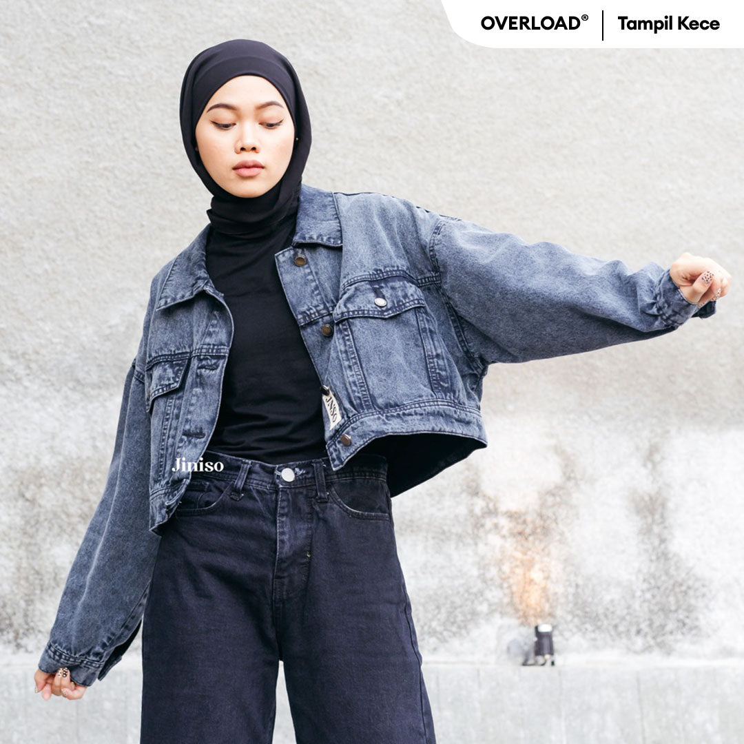 Jaket Jeans Wanita Crop JINISO Jaket Crop Jeans Oversize Urban