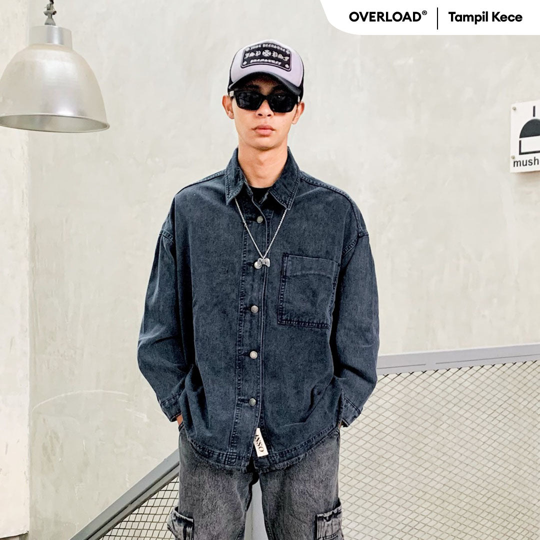JINISO Pria Jaket Jeans Oversize Basic Pocket Black Acid