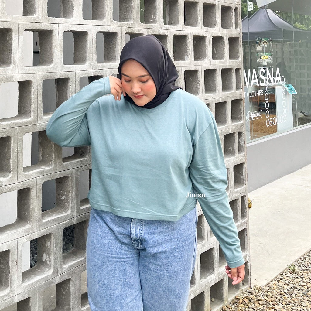 JINISO Kaos Big Size Crop Top Oversize Lengan Panjang Polos T-Shirt