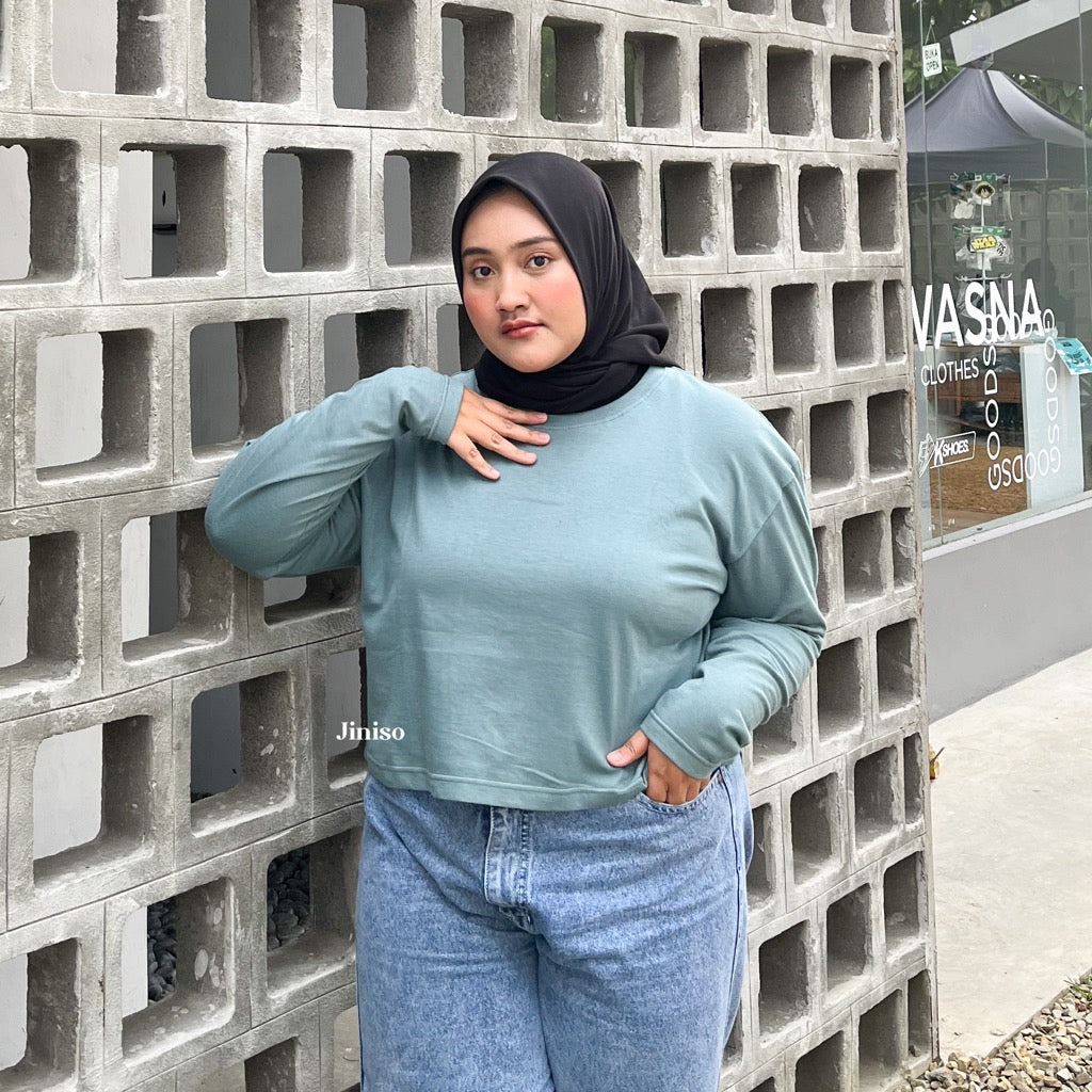 JINISO Kaos Big Size Crop Top Oversize Lengan Panjang Polos T-Shirt