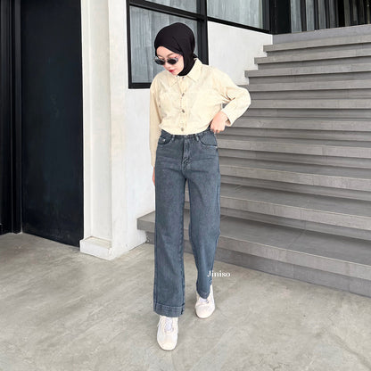 JINISO - Celana Jeans Highwaist Loose Regular dan Petite Wanita