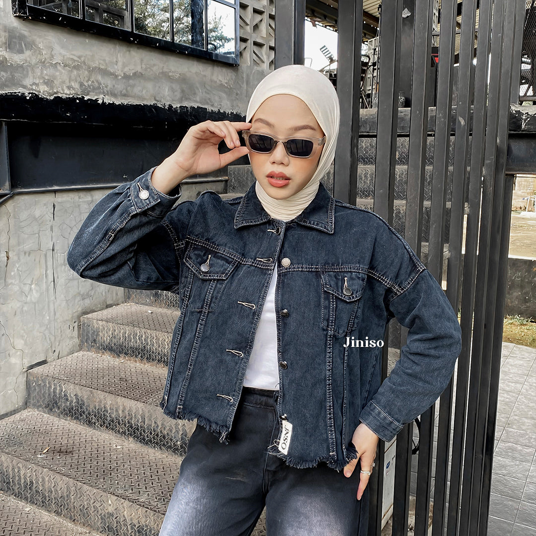 JINISO Jaket Jeans Oversize Raw Trucker Black Acid