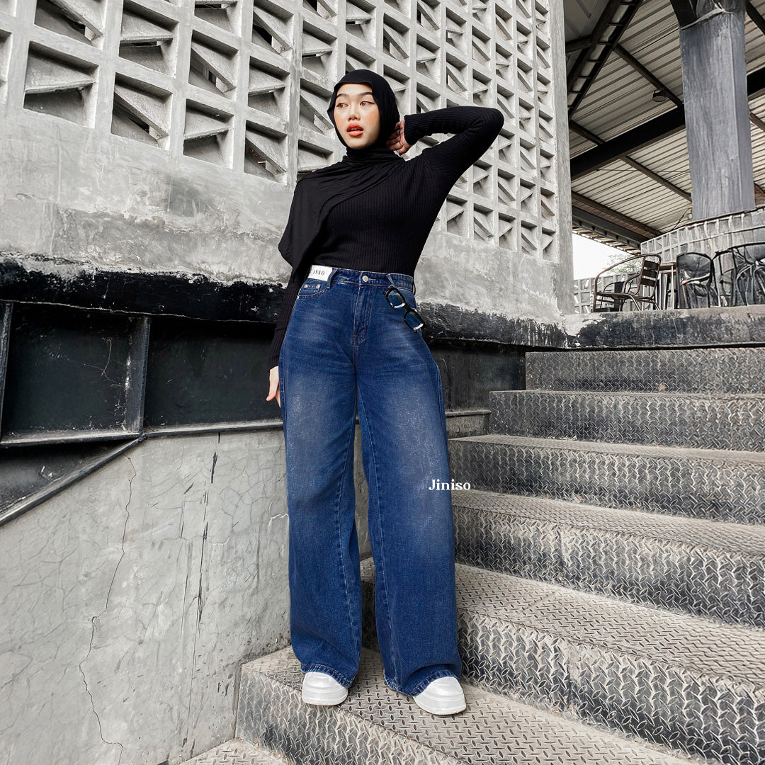 JINISO - Celana Jeans Highwaist Baggy Oversize Regular dan Panjang Wanita