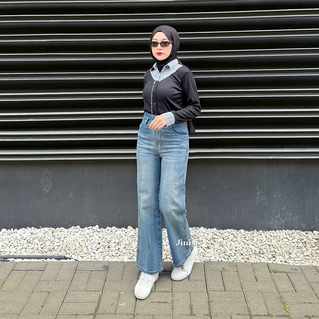 JINISO - Celana Jeans Highwaist Loose Stretch Regular dan Petite Wanita