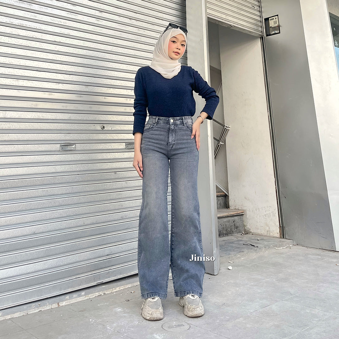 JINISO - Celana Jeans Highwaist Loose Stretch Regular dan Petite Wanita